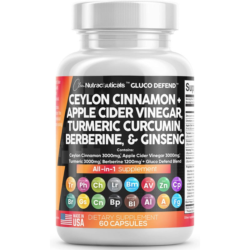 Clean Nutraceuticals, Ceylon Cinnamon 3000mg Turmeric 3000mg Apple Cider Vinegar 3000mg Ginseng 2000mg Berberine 1200mg Plus for Cardiovascular Support, Bitter Melon Gymnema Milk Thistle Fenugreek Aloe Vera - Made in USA 60 Caps