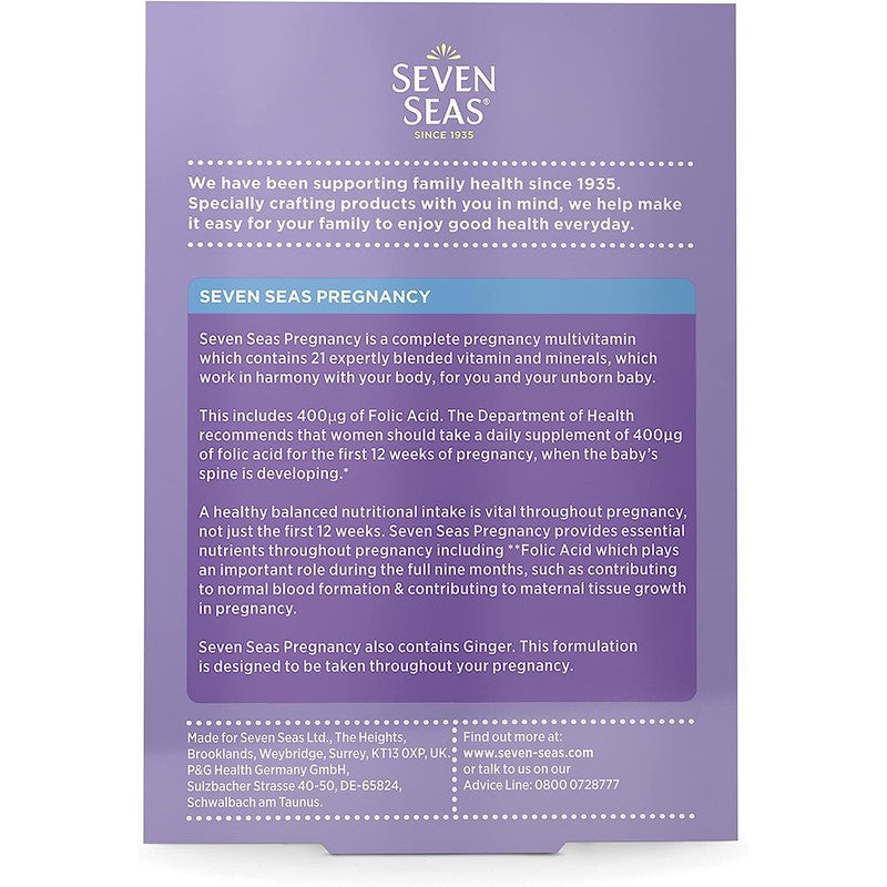 Seven Seas 400 mg Folic Acid Pregnancy Multivitamin For Women, 28 Tablets, All Stages Of Pregnancy A-Z, With Iron & Vitamin D, Daily Supplement For First 12 Weeks & After, With Added Ginger