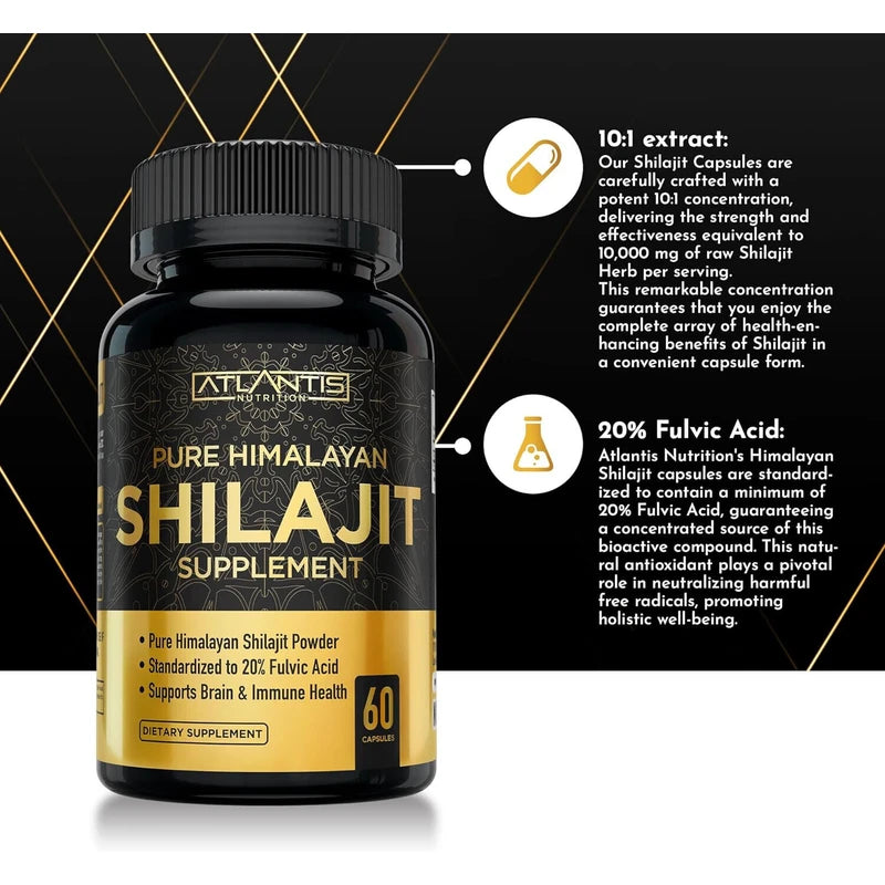 Shilajit Supplement Capsules, 10,000mg Equivalent per Serving, Made in The USA, Shilajit for Men & Women, 60 Capsules