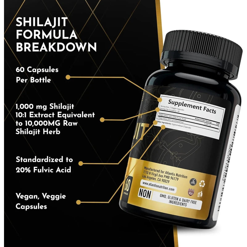 Shilajit Supplement Capsules, 10,000mg Equivalent per Serving, Made in The USA, Shilajit for Men & Women, 60 Capsules