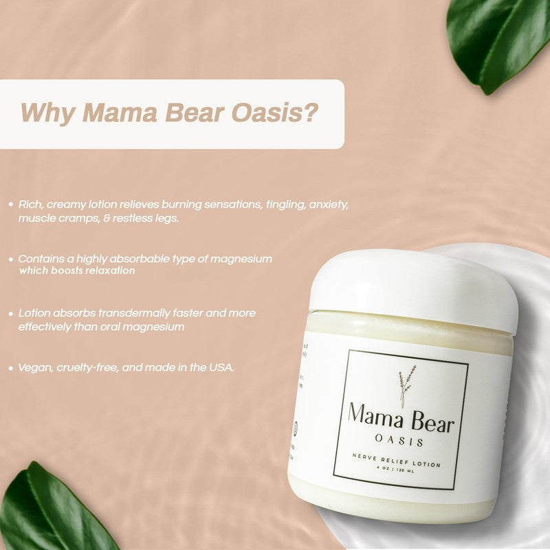 Mama Bear Nerve Relief Lotion, 4 oz, Soothing Lotion w/ Magnesium Chloride and Pure Ingredients - Fast-Absorbing and Non-Greasy Formula for Foot and Leg Comfort
