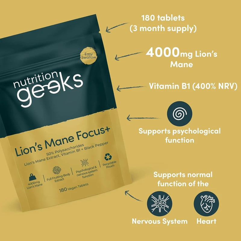 Nutrition Geeks Lion's Mane Focus+ 4000mg Tablets | 3 Months Supply, 180 Vegan Tablets, UK Made