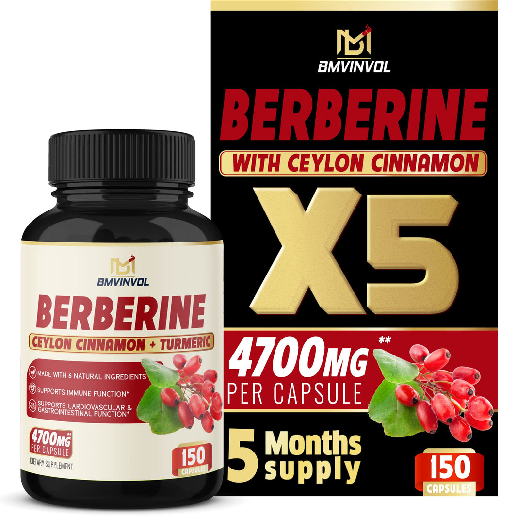 Berberine Supplement 4700mg - 5 Months Supply - High Potency with Ceylon Cinnamon, Turmeric - Supports Immune System, Cardiovascular & Gastrointestinal Function - Berberine HCl Supplement Pills