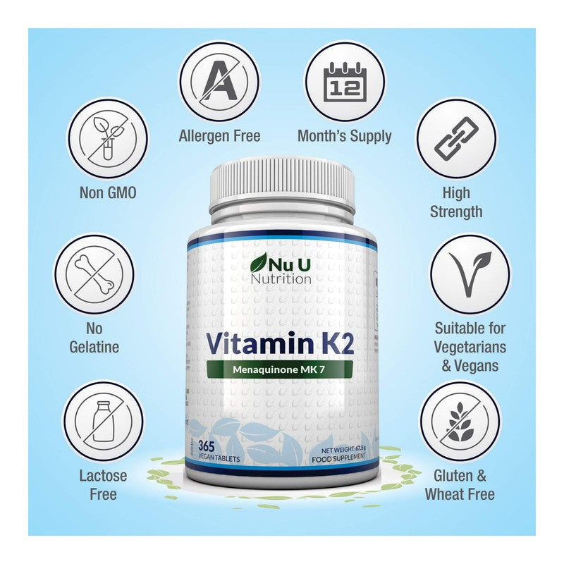 Nu U Nutrition Vitamin K2 MK 7 200mcg - 365 Vegetarian and Vegan Tablets (not Capsules) - One Year Supply of High Strength Vitamin K2 Menaquinone MK7 from Trans-Isomer by Nu U Nutrition