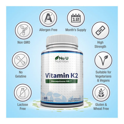 Nu U Nutrition Vitamin K2 MK 7 200mcg - 365 Vegetarian and Vegan Tablets (not Capsules) - One Year Supply of High Strength Vitamin K2 Menaquinone MK7 from Trans-Isomer by Nu U Nutrition