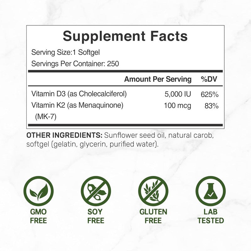 DEAL SUPPLEMENT Vitamin D3 K2 5000IU Softgel, 2-1 Complex, 250 Count