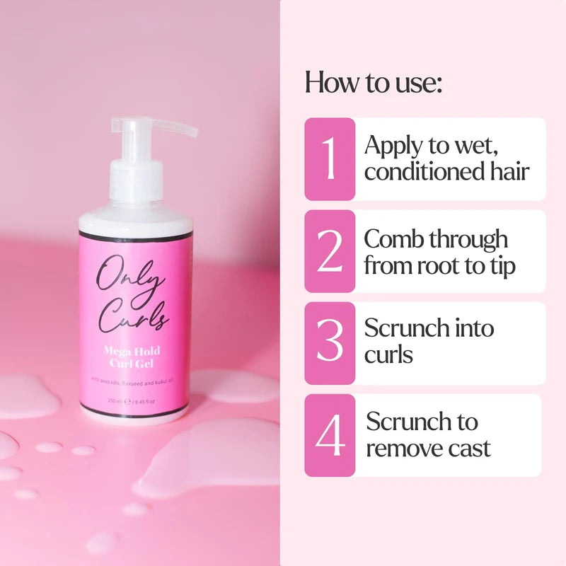 Only Curls Mega Hold Curl Gel 250ml (8.45 fl oz) – Strong Hold Styling Gel for Defined, Long-Lasting, and Frizz-Free Curls – Vegan & Cruelty-Free Curl Care