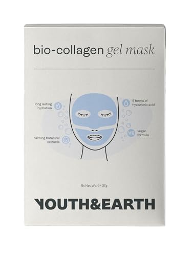 Youth and Earth Bio-Collagen Hyaluronic Acid Gel Face Mask- Pack of 5 - Face Masks Beauty for Anti Wrinkles - Hydrating Face Mask - Skin Care for Women - Moisturising & Nourishing Face Masks