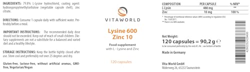 Vita World Lysin 600 + zinc 10 l 120 Capsules l Vegan l Pure lysin and zinc – no unwanted substances