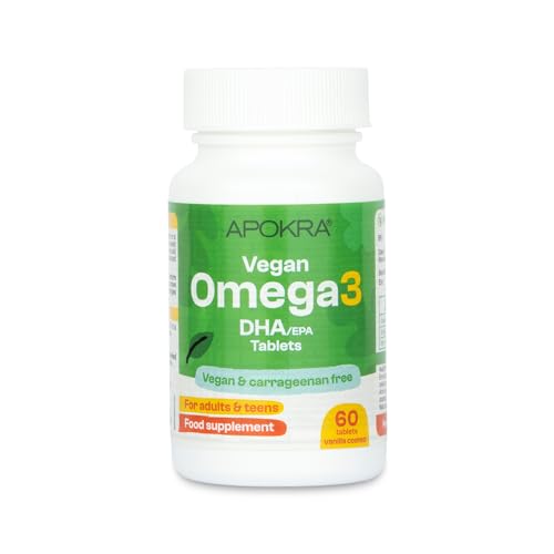 APOKRA Vegan Omega 3 DHA – for Adults & Teens – 60 Vanilla-Coated Algae Tablets with L-Lysine – Plant-Based Fish Oil Alternative – Carrageenan-Free, Sustainable