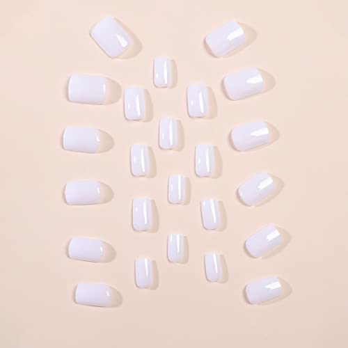 JUSTOTRY 24 Pcs White Solid False Nails Short Pattern,Milky Square Press on Nails,Glossy Fake Nails Medium for Nail Art,Pretty Squoval French Stick on Nail for Women and Teens Gifts