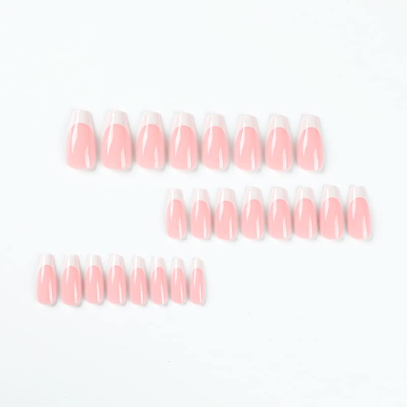 Maggidea French False Nails, Acrylic French Stick on Nails, 24pcs Strong Medium Long Coffin French Style Press On Nails with Glue White Tips Design Fake Nails (Pink Coffin)
