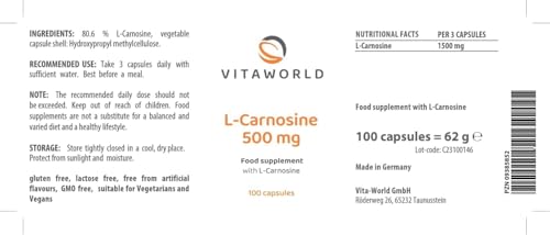 Vita World L-Carnosine 500mg 100 Vegetarian Capsules Made in Germany