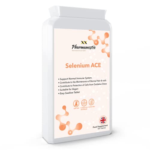 Pharmanostix Selenium ACE with Vitamins A, C & E – 365 Vegan Tablets – 12 Month Supply – for Maintenance of Normal Hair, Nails & Immune System – Made in UK