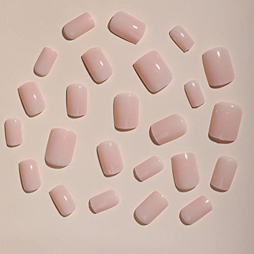JUSTOTRY 24 Pcs Peach Pink Solid Short False Nails Square Pattern,Glossy Press on Nails, Fake Nails Medium,Reusable Squoval Stick on Nail for Women and Teens Nail Art