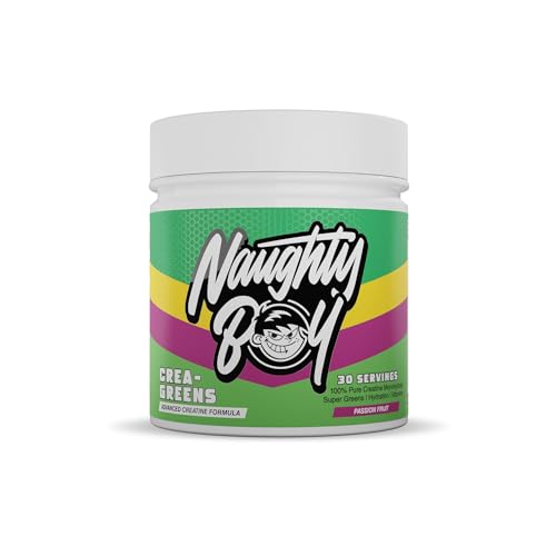 Naughty Boy Crea-Greens Powder, Creatine, Super Greens and Electrolytes. Boosts Performance, Health, Immune System and Hydration. Amazing Taste, Suitable for All Adults 270g (Passion Fruit)
