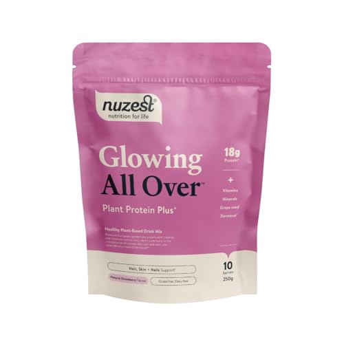 Nuzest Protein Plus | Glowing All Over | Strawberry | Support of Healthy Hair, Skin, Nails and Collagen Production | Vitamins and Minerals | 250g (10 Servings)