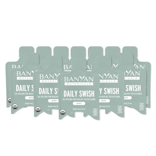 Banyan Botanicals Organic Daily Swish Mint Travel Packets - 12 ct - Ayurvedic Oil Pulling Mouthwash Oil for Oral Health - Coconut Oil Blend for Teeth and Gums