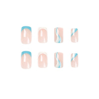 Albiuev 24PCS Short False Nails with Glue Stickers,Coffin Full Cover Acrylic Nails Press on Nails no Glue,White Blue Wave French Fake Nails Stick on Nails for Women and Girls Nail Art.
