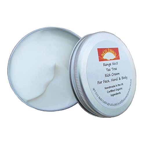 New Dawn Organic Natural Tea Tree Rich Cream/Moisturiser for Dry skin - Range No.5 - Made with Coconut, Rosehip and Starflower Oil (75ml)