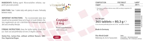 Vita World Vita world Copper 2 mg l Copper Gluconate l high bioavailability l Vegan l 1 Year Supply - 365 Tablets