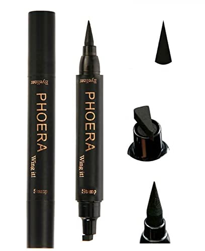 Phoera PHOERA 2 in 1 Wing Cat Eye Liner + Stamp Winged Long Lasting Liquid Eye Liner Waterproof & Smudge proof Makeup Black Eyeliner Pen Winged Eyeliner Pencil - AQUAPURITY (THIN STAMP)