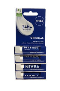 NIVEA Lip Balm Original Care Pack of 4 (4 x 4.8g) Protective Lip Moisturiser with Shea Butter and Natural Oils, Caring Lip Balm for 24h Moisture Care, Lip Care with Melt-In Formula