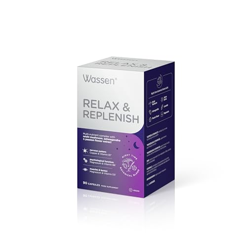 Wassen Relax & Replenish 90 Magnesium Capsules | Magnesium Supplements Supporting Psychological Function | Ashwagandha to Support Relaxation | Magnesium Tablets with Reishi Mushroom & Passion Flower