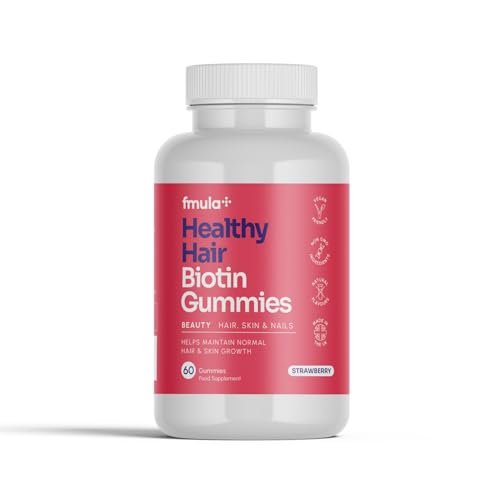 fmula+ Healthy Hair Biotin Gummies for Hair Growth | Hair, Skin and Nail Gummies | Vegan Biotin Supplement for Women | High Strength Biotin Hair Vitamins | Made in The UK | 60 Natural Strawberry Gummies