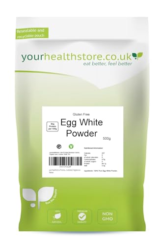 yourhealthstore Premium Non GMO Gluten Free Pure Egg White Powder 500g, High in Protein, No Additives, Not Irradiated, Vegetarian.