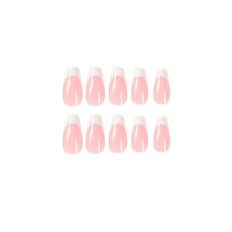 Maggidea French False Nails, Acrylic French Stick on Nails, 24pcs Strong Medium Long Coffin French Style Press On Nails with Glue White Tips Design Fake Nails (Pink Coffin)