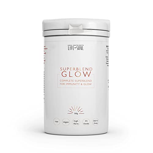Soul Nutrients Superblend Glow 300g- Supergreens Blend- 35 35 food-based ingredients PLUS bioactive enzymes High-fibre, low fat and dairy-free Naturally-occurring vitamin C for immunity- Supergreen Shots