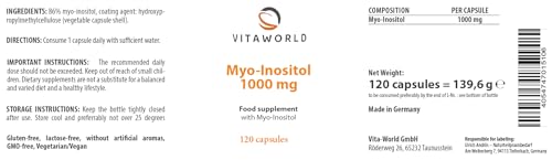 Vita World Myo-Inositol - High-dose inositol 1000mg (120 Vegan Capsules) l Important Messenger Substance for Cell Metabolism l Without unwanted additives, Gluten/Lactose Free