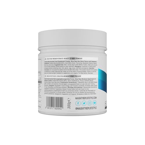 Naughty Boy Micronised Creatine Monohydrate Powder, Creatine Supplement for Strength, Power & Performance, Vegan Friendly, 300g, 60 Servings, Blue Razz Bon Bons