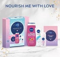 Swiss+ NIVEA Nourish Me With Love Gift Set – Feel Good Skin Bundle with 8 Affirmation Cards – Grapefruit Shower Gel 250ml, Roll-On Anti-Perspirant 50ml, Soft Moisturising Cream 75ml