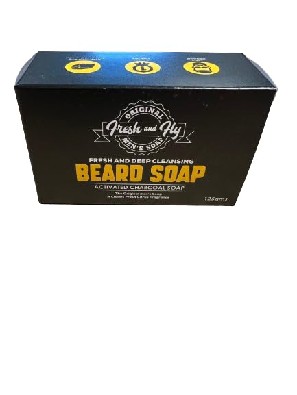 Fresh and Fly Charcoal Beard Soap – Deep Cleansing with Tea Tree, Coconut & Aloe Vera for a Healthy, Soft Beard, 100% Organic, TFM 76%