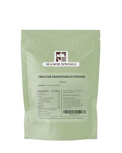 MANOR SPRINGS Creatine Monohydrate Powder 500g, Creatine Supplement, Micronized Creatine, Creatine Powder, Unflavoured, 5000mg Per Serv (5g), 100 Servings – by Manor Springs