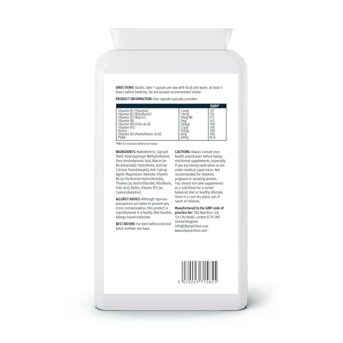 TBQ Nutrition Vitamin B Complex | 6 Months Supply | with B1, B2, B3, B5, B6, B7, B9, B12 & PABA | Contributes to Energy, Nervous System Function & Metabolism | UK-Made