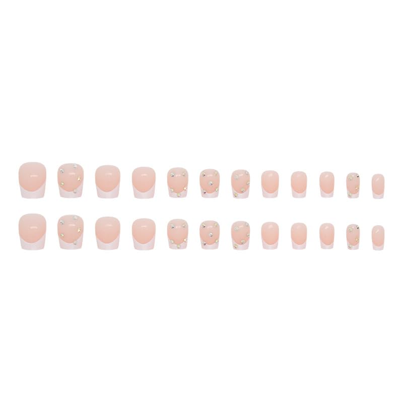 JUSTOTRY 24 Pcs False Nails Short with Diamond Pattern,Milky White French Square Press on Nails,Glossy Fake Nails Medium for Nails Art,Pretty Squoval Stick on Nails for Women Gifts