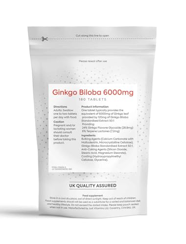 Just Vitamins Ginkgo Biloba 6000mg 180 Tablets for Circulation, Brain and Memory Support