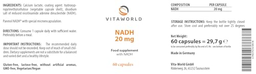 Vita World Vita world NADH 20mg 60 Capsules l with Patented PANMOL® NADH – a Special microencapsulation l Vegan l enteric-Coated