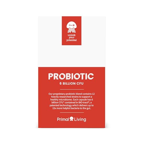 Probiotic 6 Billion CFU, Digestive Support - Primal Living - 30 Vegan Capules Individually Vacuum Sealed in A Pharmaceutical Quality Blister Pack