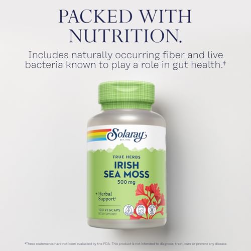 SOLARAY Irish Sea Moss 500 mg Naturally Occurring Vitamins, Minerals, and Fiber Herbal Support for Gut Health and More - Vegan, Gluten Free, Lab Verified - 60 Day Guarantee - 100 Servings, 100 VegCaps