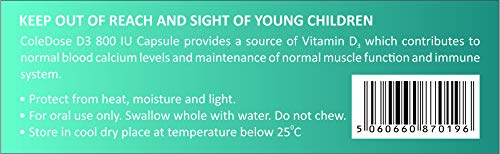 Vitamin D 800 IU –Equivalent to 20 mcg - ColeDose D3, Premium Vitamin - 30 Capsules- One a Day