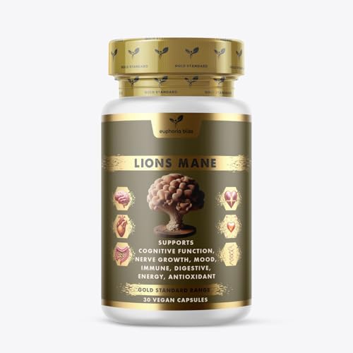Euphoria Bliss Lions Mane Supplement - 3000mg Lion's Mane Capsules High Strength - 30 Capsules - 100% Pure Lion Mane Mushroom Fruiting Bodies Extract – Vegan - Made in The UK