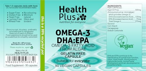 Health Plus Omega-3 DHA:EPA 500mg (Vegan) : Algal Oil Omega-3 Fatty Acid : 90 Vcaps, in a Planet-Friendly 99% Recycled Pot