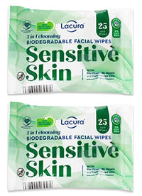 Lacura 3 In 1 Biodegradable Cleansing Facial Wipes For Sensitive Skin, Makeup Removal Wipes with Pro-Vitamin B5, 2 Packs (50 wipes in total)