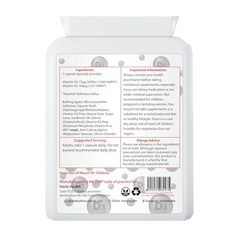 Harla Health Vitamin D3 3000 IU and Vitamin K2 100ug MK7-90 Capsules - Suitable for Vegetarians - Made in The UK - GMP Codes of Practice