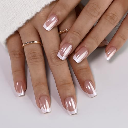 Noerrors French False Nails, Short Square Aurora Press on Nails, 30Pcs White White Tip Stick on Glossy Glitter Removable Full Cover Acrylic Cover Glue on Nails for Women Girls Art Manicure