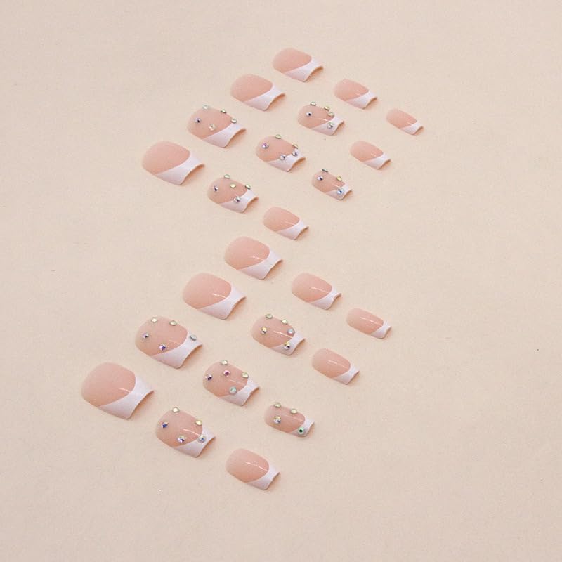 JUSTOTRY 24 Pcs False Nails Short with Diamond Pattern,Milky White French Square Press on Nails,Glossy Fake Nails Medium for Nails Art,Pretty Squoval Stick on Nails for Women Gifts